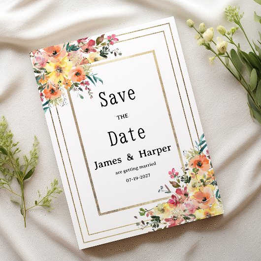 Botanical pink orange gold floral Save the Date Einladung