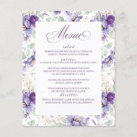 Botanical Purple and Gold Floral Wedding Menu Flyer (Vorne)