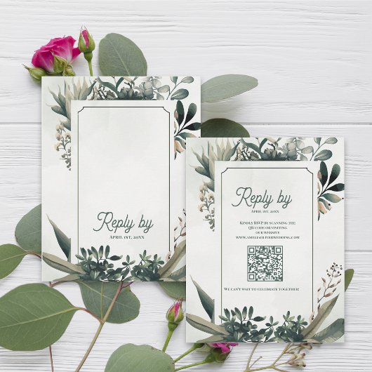 Botanical Sage Green QR Code Greenery Wedding RSVP Karte
