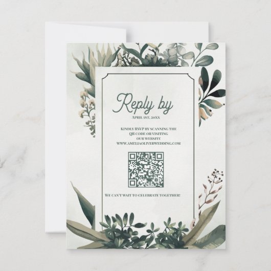 Botanical Sage Green QR Code Greenery Wedding RSVP Karte (Rückseite)