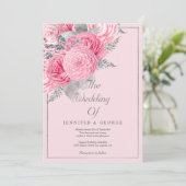Botanical silver glitter pink floral wedding  einladung (Stehend Vorderseite)