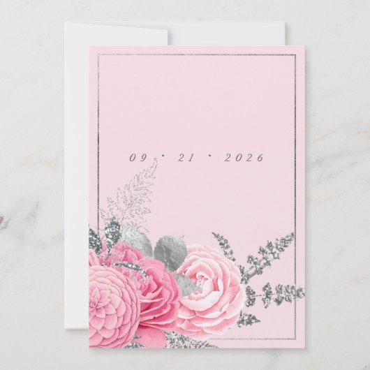 Botanical silver glitter pink floral wedding einladung (Rückseite)