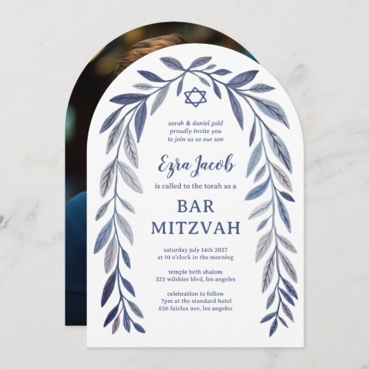 Botanical Watercolor Bar Bat Mitzvah Arch Photo Einladung (Vorne/Hinten)