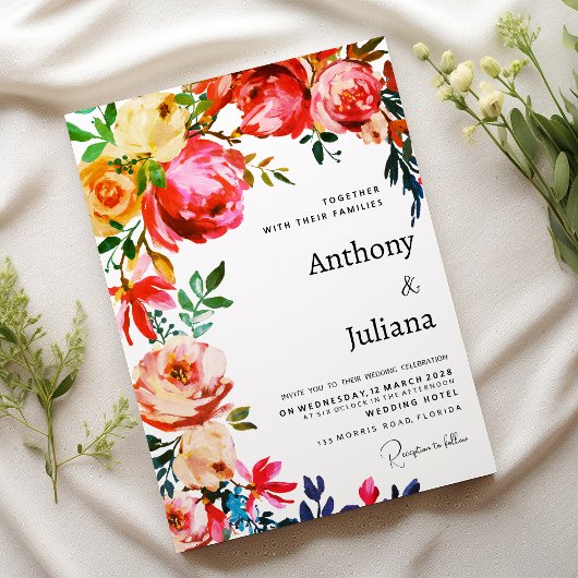 Botanical watercolor colorful floral Wedding  Einladung