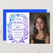 Botanical Watercolor CUSTOM PHOTO Bat Bar Mitzvah Einladung (Vorne/Hinten)