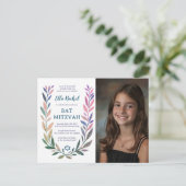 Botanical Watercolor CUSTOM PHOTO Bat Bar Mitzvah Postkarte (Stehend Vorderseite)