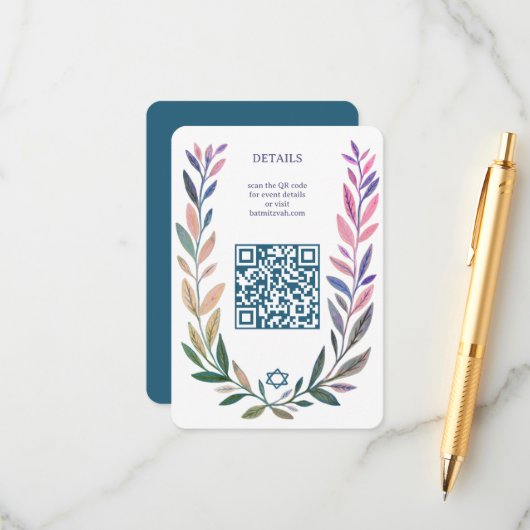 Botanical Watercolor CUSTOM QR Bar Bat Mitzvah Begleitkarte (Vorderseite/Rückseite Beispiel)