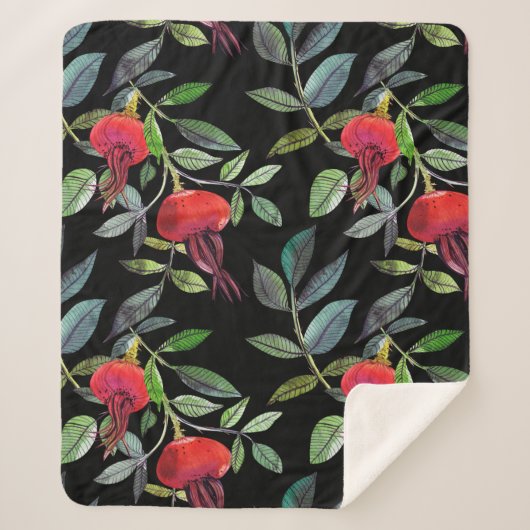 Botanical watercolor drawing dogrose pattern. Brig Sherpadecke (Vorderseite)