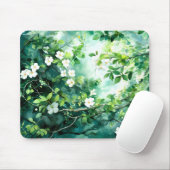 Botanical Watercolor White Blossoms Green Leaves Mousepad (Mit Mouse)