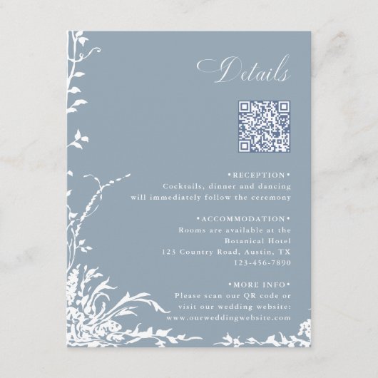 Botanical Wedding QR Code Details Dusty Blue Begleitkarte (Vorderseite)