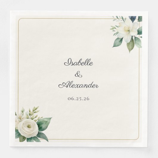 Botanical White Floral Green Leaves Personalized Serviette (Vorderseite)