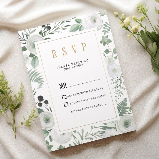 Botanical white mint berries floral RSVP Einladung
