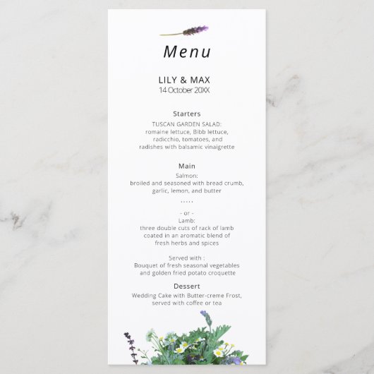 Botanical Wildflower Wedding Menu Menükarte (Vorderseite)