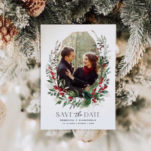 Botanical Winter Berries Greenery Wedding Save The Date