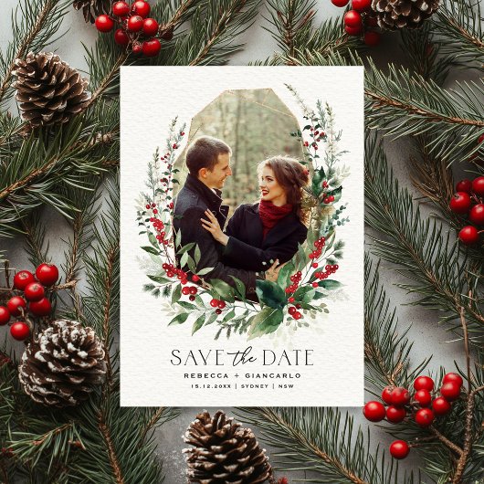 Botanical Winter Berries Greenery Wedding Save The Date