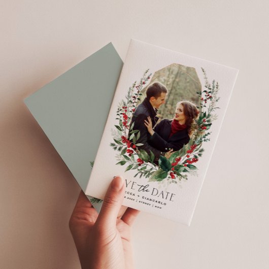 Botanical Winter Berries Greenery Wedding Save The Date