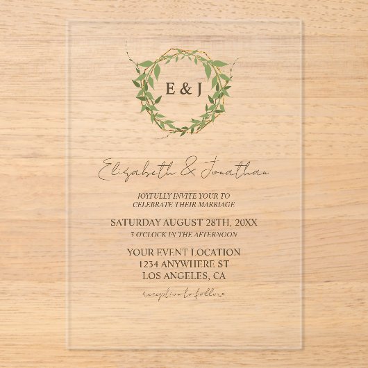 Botanical Wreath Earth Tone Wedding Acryleinladungen (Vorderseite)