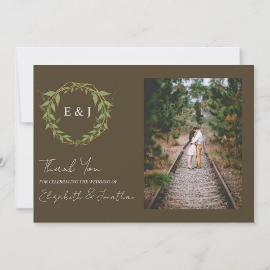 Botanical Wreath Earth Tone Wedding Dankeskarte (Vorderseite)