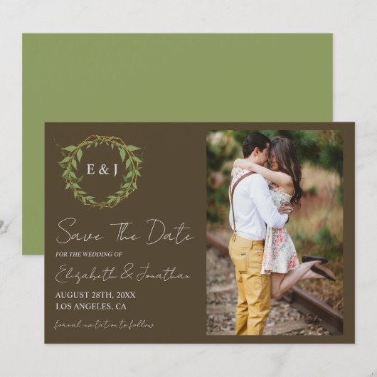 Botanical Wreath Earth Tone Wedding Save The Date (Vorne/Hinten)