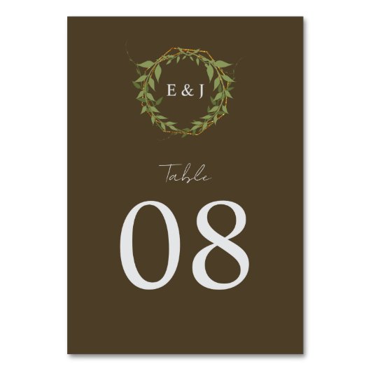 Botanical Wreath Earth Tone Wedding Tischnummer (Vorderseite)
