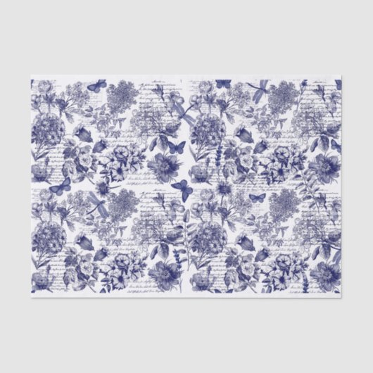 Botanicals in blau mit Skriptdecoupage Seidenpapier (Vorderseite)