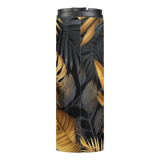 Botanisch abstrakt Schwarz und Gold Thermosbecher (Rückseite)