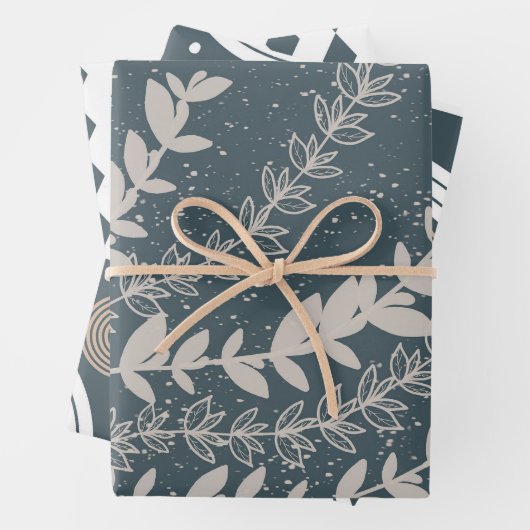 Botanisch-blau-geometrisch Mitte des Jahrhunderts Geschenkpapier Set (Beispiel)