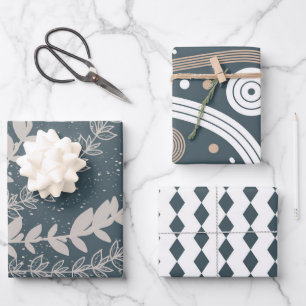 Botanisch-blau-geometrisch Mitte des Jahrhunderts Geschenkpapier Set