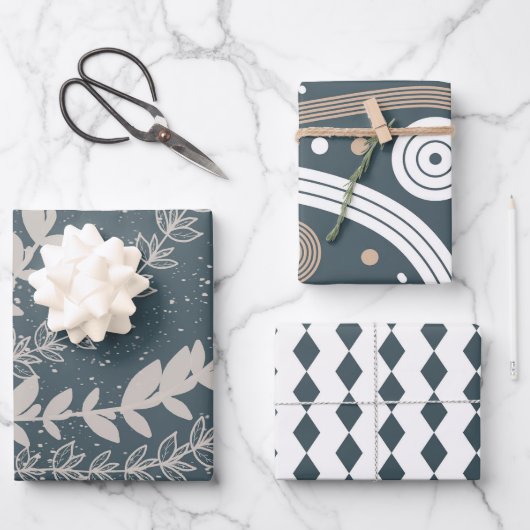 Botanisch-blau-geometrisch Mitte des Jahrhunderts Geschenkpapier Set (Vorderseite)