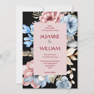 Botanisch blau-rosa-florale Aquarellbilder Einladung
