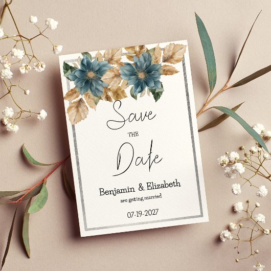 Botanisch-blaubraune Silberblüte Save the Date Einladung