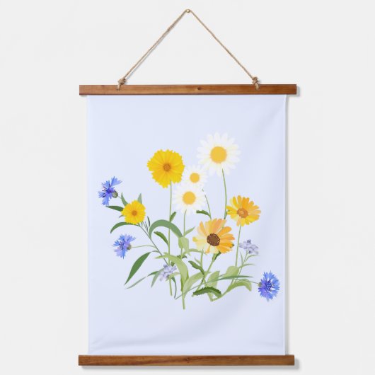 Botanisch-blaue gelbe Wildblumen Wandteppich Mit Holzrahmen (Vorderseite 3)