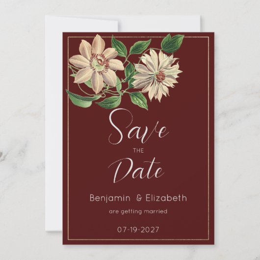 Botanisch-Burgunder-Blütenbotanisch Save the Date Einladung (Vorderseite)