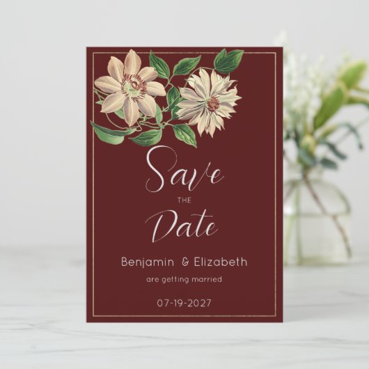 Botanisch-Burgunder-Blütenbotanisch Save the Date Einladung (Stehend Vorderseite)