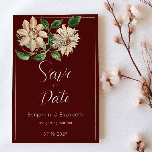 Botanisch-Burgunder-Blütenbotanisch Save the Date Einladung