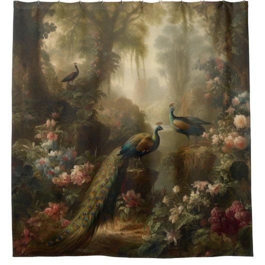 Botanisch: drei Pfauen im englischen Garten Duschvorhang (Vorderseite)
