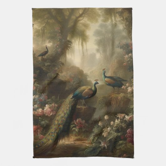 Botanisch: drei Pfauen im englischen Garten Geschirrtuch (Vertikal)