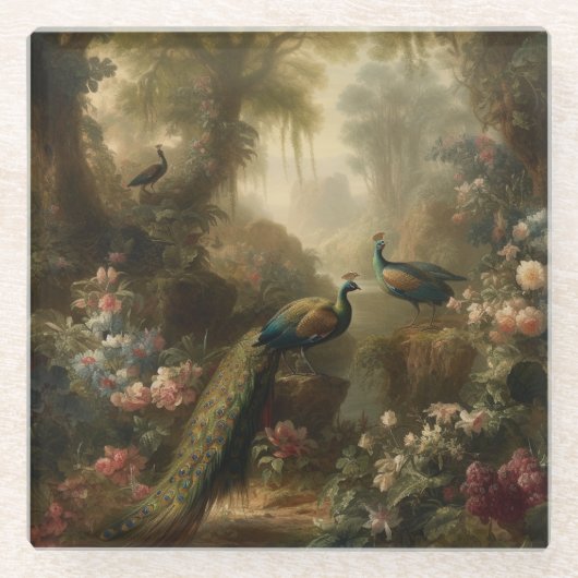 Botanisch: drei Pfauen im englischen Garten Glasuntersetzer (Vorderseite)