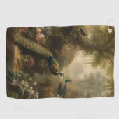 Botanisch: drei Pfauen im englischen Garten Golfhandtuch (Horizontal)