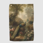 Botanisch: drei Pfauen im englischen Garten Golfhandtuch (Vorderseite)