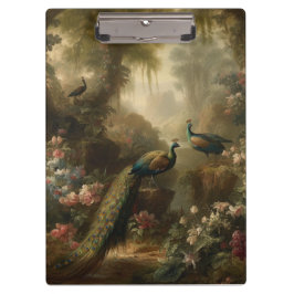 Botanisch: drei Pfauen im englischen Garten Klemmbrett