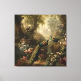 Botanisch: drei Pfauen im englischen Garten Leinwanddruck