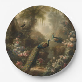 Botanisch: drei Pfauen im englischen Garten Pappteller