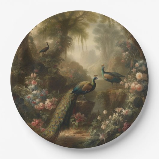 Botanisch: drei Pfauen im englischen Garten Pappteller (Vorderseite)