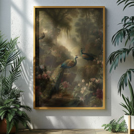 Botanisch: drei Pfauen im englischen Garten Poster