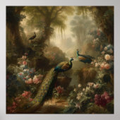 Botanisch: drei Pfauen im englischen Garten Poster (Vorne)