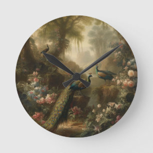 Botanisch: drei Pfauen im englischen Garten Runde Wanduhr