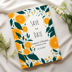 Botanisch dunkelgrüne Zitrusorange Save the Date Einladung