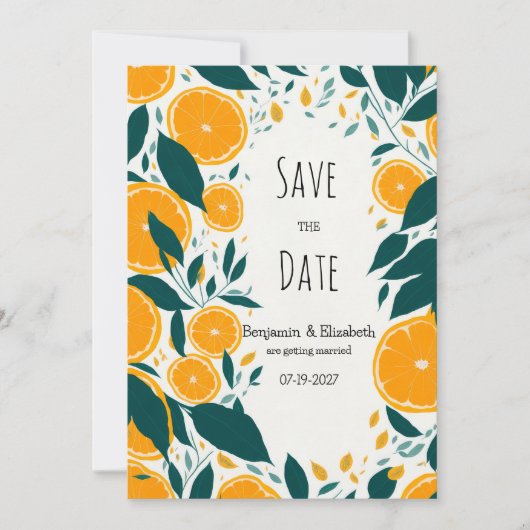 Botanisch dunkelgrüne Zitrusorange Save the Date Einladung (Vorderseite)