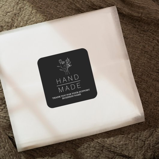 Botanisch einfach schwarz Minimalistisch handgefer Quadratischer Aufkleber